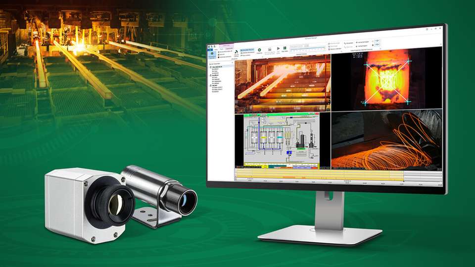 Industrie-Thermografiekamera zur Echtzeit-Überwachung von Hochtemperaturprozessen in der Metallverarbeitung mit Analyse-Software.