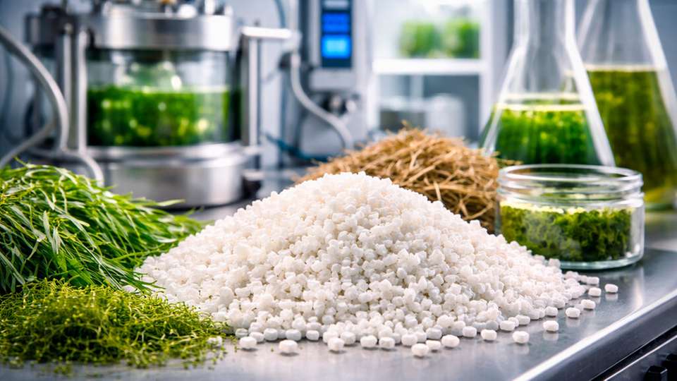 Biopolymer-Granulat auf PBS-Basis steht im Fokus der Forschung an vollständig biobasierten Kunststoffen. Organische Abfälle wie Grünschnitt, Heu und Algen dienen dabei als Ausgangsstoffe für industrienahe Prozesse.