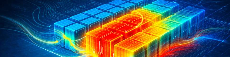 Eine thermische Multiphysik-Simulation zeigt die Temperaturverteilung innerhalb eines Batterie-Energiespeichersystems. Solche virtuellen Modelle helfen, Hotspots frühzeitig zu erkennen und Kühlkonzepte für langlebige und sichere BESS gezielt zu verbessern.