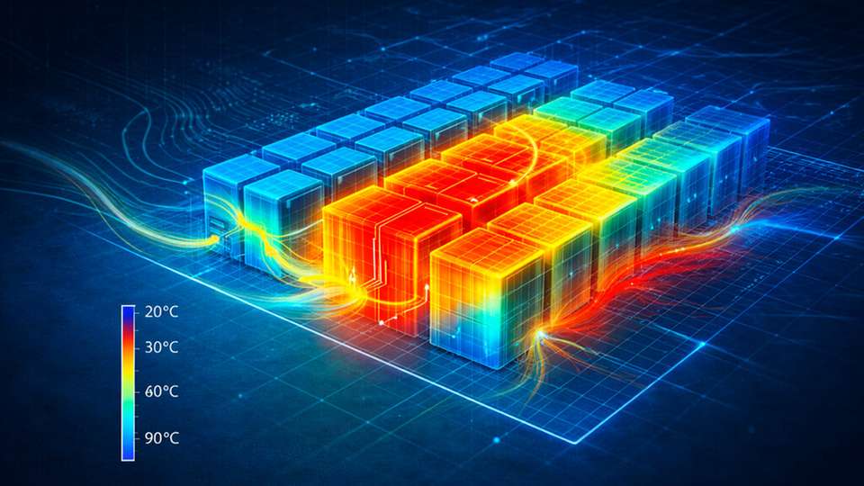 Eine thermische Multiphysik-Simulation zeigt die Temperaturverteilung innerhalb eines Batterie-Energiespeichersystems. Solche virtuellen Modelle helfen, Hotspots frühzeitig zu erkennen und Kühlkonzepte für langlebige und sichere BESS gezielt zu verbessern.
