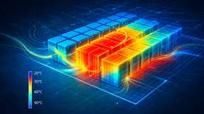 Eine thermische Multiphysik-Simulation zeigt die Temperaturverteilung innerhalb eines Batterie-Energiespeichersystems. Solche virtuellen Modelle helfen, Hotspots frühzeitig zu erkennen und Kühlkonzepte für langlebige und sichere BESS gezielt zu verbessern.