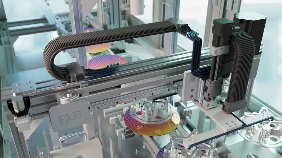 Die kompakte, ableitfähige Energiekette mit selbsttragender Funktion macht platzraubende Abschirmungen überflüssig.