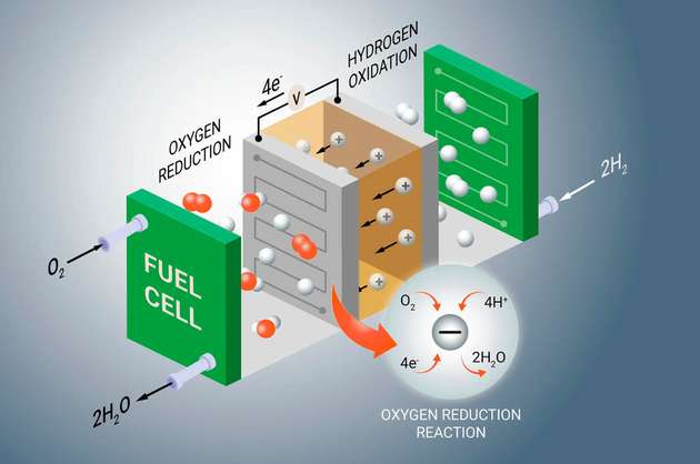 Schematische Darstellung einer Brennstoffzelle sowie der untersuchten elektrochemischen Prozesse.