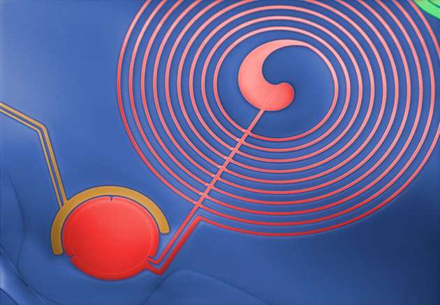 NanoDevice mit Kondensator (roter Kreis) und planarer Spule.