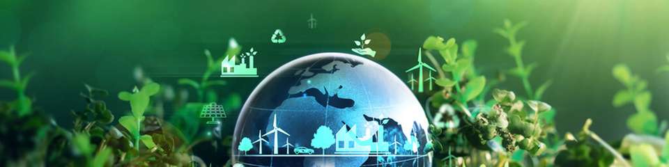 Symbolgrafik zu nachhaltiger Wertschöpfung und klimafreundlichen Technologien im globalen Kontext.