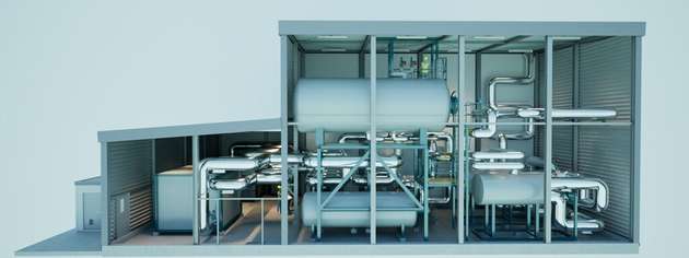 Entwurfslayout der Energynest Power-to-Heat-Anlage und 24 Wärmespeichermodule, die Prozesswärme aus Strom bereitstellt und CO2-Emissionen nachhaltig reduziert.
