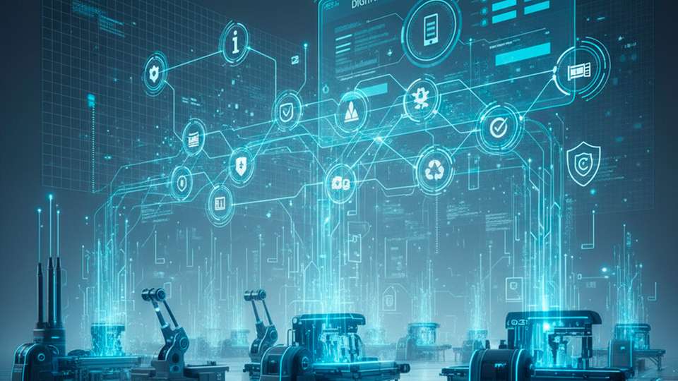 Eine moderne Industrieumgebung mit vernetzten Maschinen und visualisierten Datenströmen zeigt die Einführung digitaler Produktpässe. Grafische Elemente symbolisieren Datenpunkte, Wertschöpfungsketten und regulatorische Anforderungen.