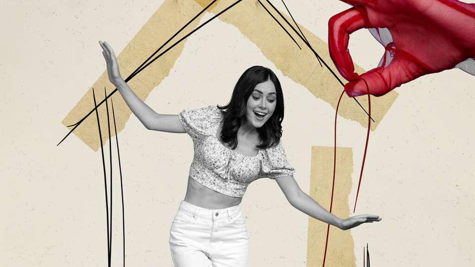 Creative abstract template graphics collage image of carefree lady got in house debt trap isolated beige color background.