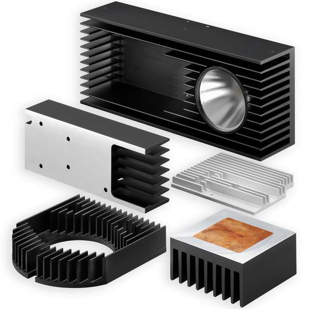 Verschiedenartige Strangkühlkörper aus Aluminium liefern zur Entwärmung elektronischer Bauelemente hervorragende Lösungsmöglichkeiten mittels freier Konvektion.
