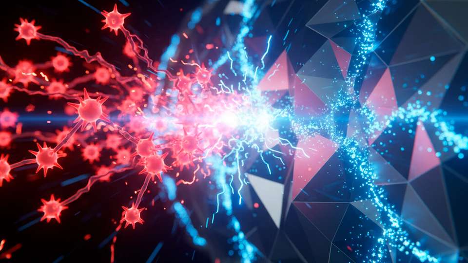 Stickstoffatome (blau) blockieren an den Korngrenzen das Eindringen von Wasserstoff (rot). Diese atomare Passivierung schützt den Edelstahl vor Versprödung und Korrosion.