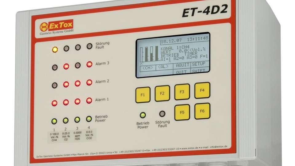Stationäre Gaswarnzentrale überwacht Wasserstoff 24/7, bewertet Konzentrationen zur UEG-Absicherung und schaltet bei mehrstufigen Alarmschwellen Schutzfunktionen.