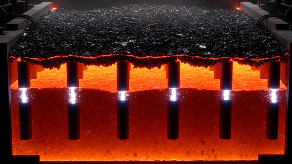 Querschnitt der vollelektrischen Schmelzwanne: Eine kalte Gemengedecke isoliert die Schmelze, während Elektroden die für konstante Braunglas-Qualität nötige Prozesswärme elektrisch einbringen.