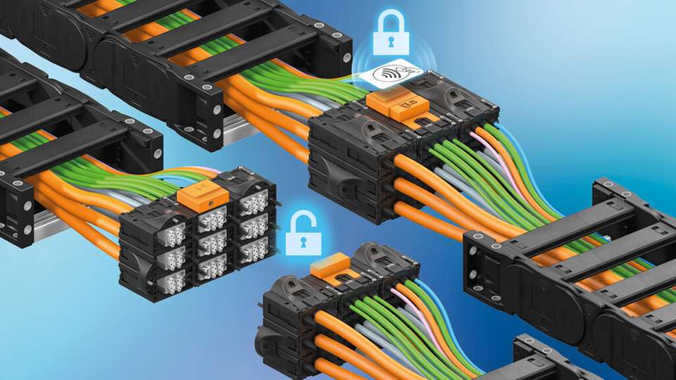 Das RFID-Schloss verhindert unautorisierte Zugriffe auf Energieketten-Anschlüsse.