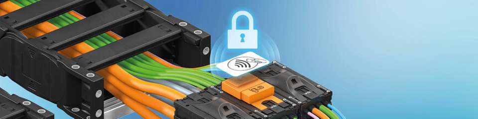 Das RFID-Schloss verhindert unautorisierte Zugriffe auf Energieketten-Anschlüsse.