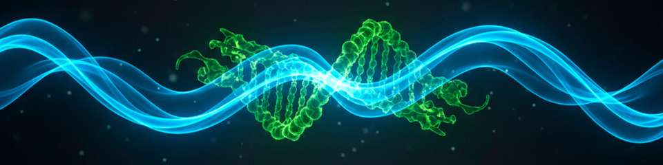 Symbolische Darstellung: Lichtgetriebene Photokatalyse (blau) und enzymatische Biokatalyse (grün) werden in einem hybriden System für nachhaltige und effizientere chemische Prozesse vereint.