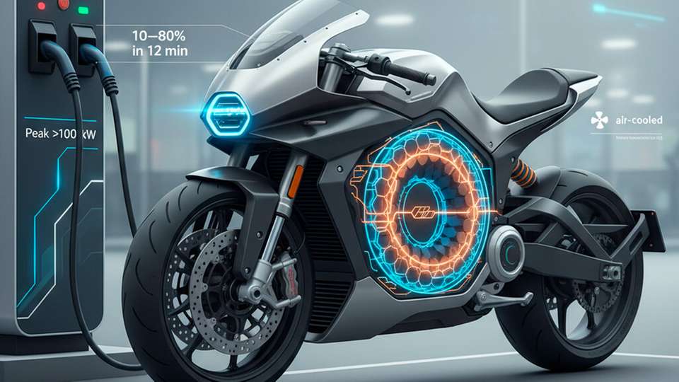 Schnellladeprüfung von Donut Lab und Verge Motorcycles am Batteriepack: 18 kWh, >100 kW Spitzenleistung; 10–70 Prozent in gut 9 Minuten, 10–80 Prozent in 12 Minuten.