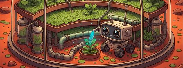 Ein geschlossener „Mars-Garten“: Cyanobakterien liefern über anaerobe Vergärung einen nährstoffreichen Gärrest als Dünger, der den Anbau schnell wachsender, essbarer Wasserlinsen (Lemna) ermöglicht.