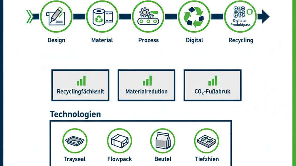 Smart Packaging als Lifecycle-Ansatz: von Design und Material über Prozess und digitale Lösungen (digitaler Produktpass) bis zum Recycling; Ziele: Recyclingfähigkeit, Materialreduktion, CO2-Fußabdruck.
