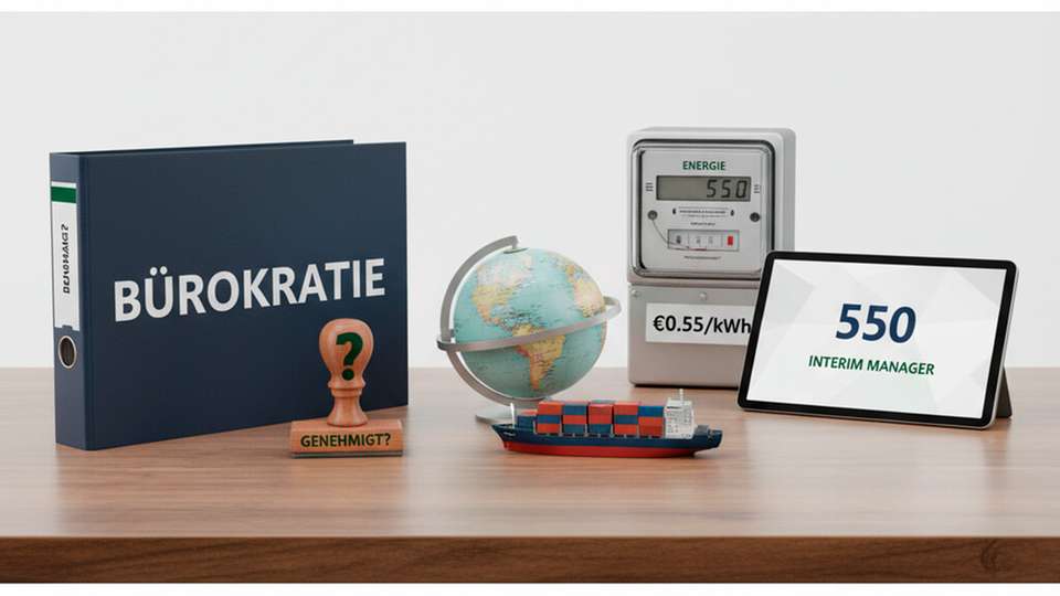 Symbolmotiv zu den Hauptbremsen des Mittelstands: Bürokratie und Genehmigungen, hohe Energiekosten sowie globaler Wettbewerbs- und Lieferkettendruck (Wirtschaftsreport 2026).