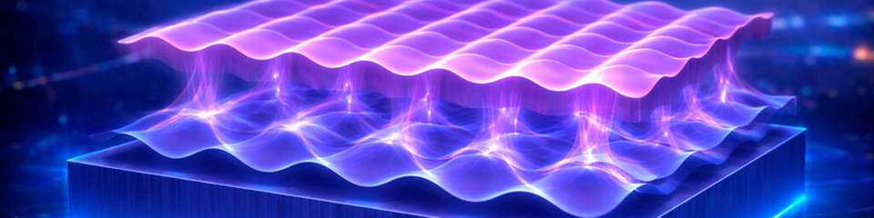 Das Konzeptbild veranschaulicht, wie das von den Forschern auf dem Substrat (MgO, unten) erzeugte Muster aus winzigen Erhebungen und Vertiefungen – kleiner als ein Millionstel der Haardicke – die Anordnung der Atome im supraleitenden Material (YBCO, oben) steuert. An der Grenzfläche zwischen den beiden Schichten ermöglicht eine elektronische Landschaft, dass Supraleitung bei höheren Temperaturen auftritt als bisher möglich – selbst wenn starke Magnetfelder angelegt werden.