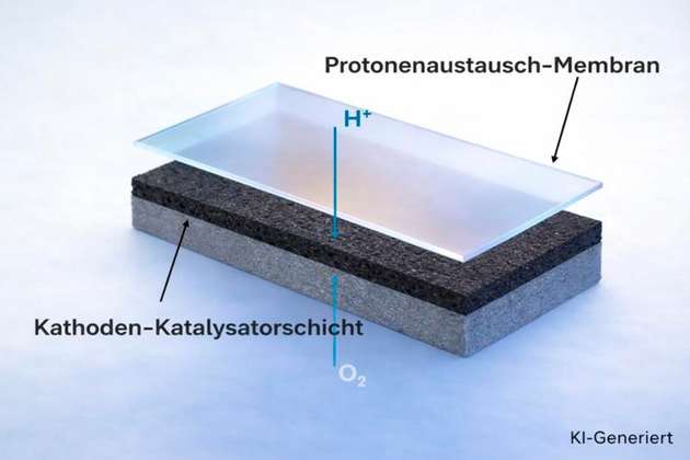 Die Protonenaustauschmembran liegt direkt auf der Kathoden-Katalysatorschicht – schon die Kontaktfläche kann elektrische Widerstände und damit die Leistung der Brennstoffzelle beeinflussen.