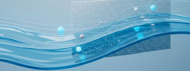 Abstrakte Visualisierung einer Membran: Wasser strömt vorbei, ein kontrollierter Ionenfluss ist angedeutet. Dies ist ein Ansatz für energieeffiziente Wasseraufbereitung und Entsalzung.