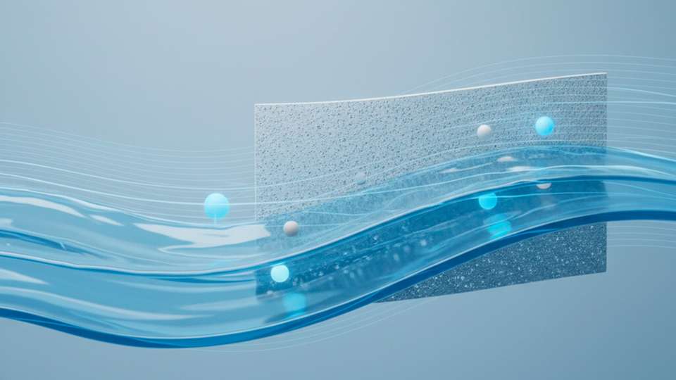 Abstrakte Visualisierung einer Membran: Wasser strömt vorbei, ein kontrollierter Ionenfluss ist angedeutet. Dies ist ein Ansatz für energieeffiziente Wasseraufbereitung und Entsalzung.