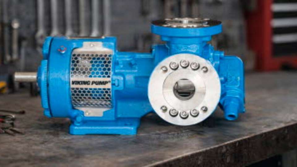 Robuste Viking Zahnradpumpe mit Edelstahlflansch für zuverlässige Förderung viskoser Flüssigkeiten in industriellen Anwendungen.