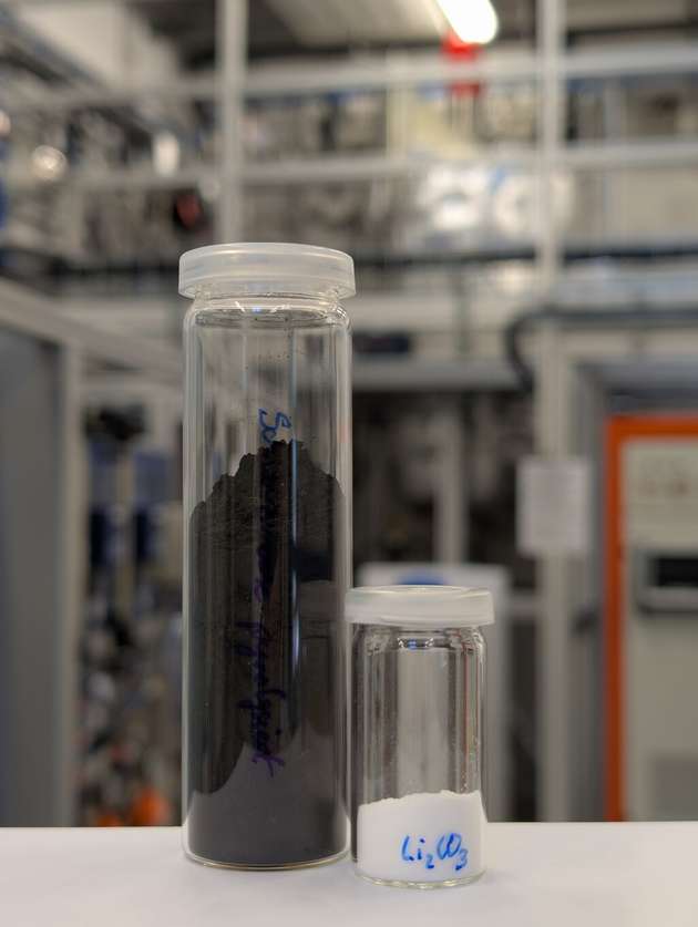 Links ist die Schwarzmasse aus dem Inneren von Lithium-Ionen-Batterien zu sehen, rechts das mittels COOL-Verfahren aus der Schwarzmasse extrahierte hochreine Lithiumcarbonat.