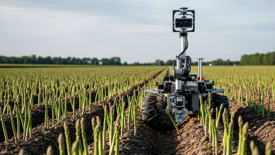 Ein Roboterprototyp der Technischen Universität München (TUM) verarbeitet Kamerabilder, um reifen grünen Spargel zu erkennen und zu lokalisieren – Grundlage für eine schnellere, effizientere Automatisierung der Spargelernte.
