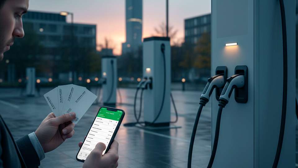 Laden unterwegs: E‑Auto an öffentlicher Ladesäule. Ein Fahrer hält mehrere Ladekarten; das Smartphone zeigt eine unübersichtliche Tarifauswahl.