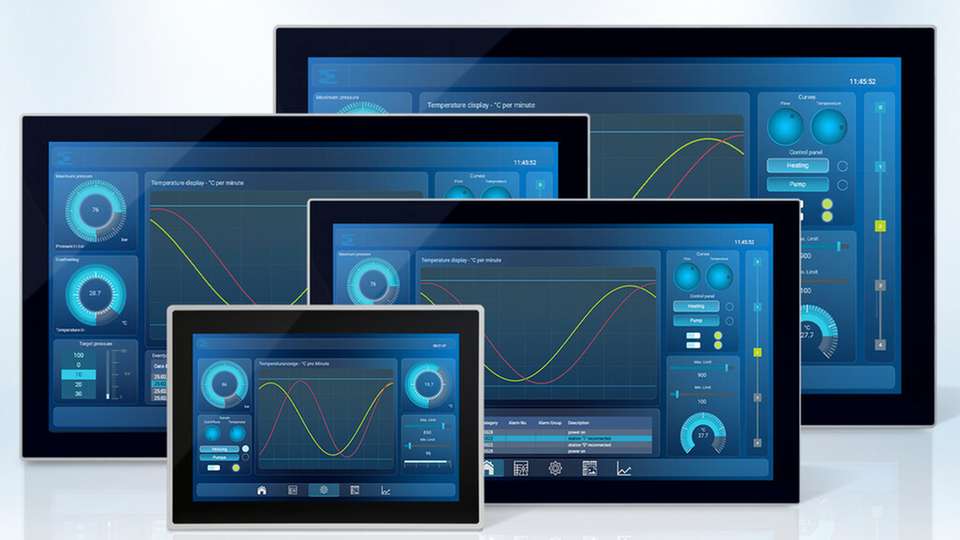 Bei den Multitouch-HMIs von Sigmatek ist modernste Projective-Capacitive-Touch-Technologie (PCT) im Einsatz, bei der die Sensorik geschützt auf der Rückseite der robusten, durchgehenden Glasfront angebracht ist.