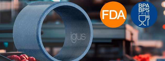 Schmiermittelfreie igus Gleitlager im Einsatz. Die markante blaue Farbe sorgt für optische Detektierbarkeit, während die FDA-Zertifizierung maximale Produktsicherheit bei der Verarbeitung von Obst und Gemüse gewährleistet.