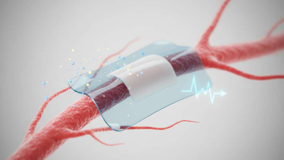 Eine neue Studie der Universität Chicago zeigt, wie ein Bestandteil von Lithium-Batterien die Grundlage für Therapien zur Schmerzlinderung oder zur Behandlung anderer Erkrankungen bilden könnte. Oben ist ein winziges, flexibles Pflaster zu sehen, das mit Nervengewebe verbunden werden kann, um die Schmerzsignale zu unterdrücken.