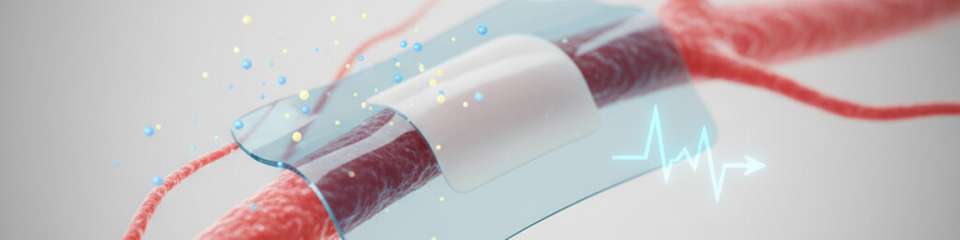 Eine neue Studie der Universität Chicago zeigt, wie ein Bestandteil von Lithium-Batterien die Grundlage für Therapien zur Schmerzlinderung oder zur Behandlung anderer Erkrankungen bilden könnte. Oben ist ein winziges, flexibles Pflaster zu sehen, das mit Nervengewebe verbunden werden kann, um die Schmerzsignale zu unterdrücken.