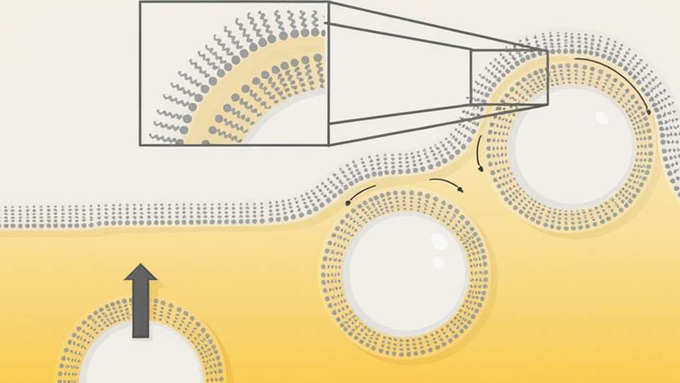 Beginn der Schaumbildung: Tenside mit hydrophilen (schwarzer Schwanz) und hydrophoben (blauer Kopf) Molekülabschnitten stabilisieren Flüssigkeitsfilme um die Blasen herum. Die schwarzen Pfeile zeigen die Abflüsse an.