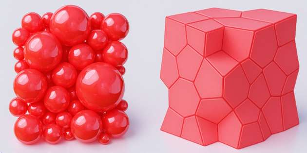 Schematische Darstellung von nassem (links) und trockenem (rechts) Schaum: Solange die Blasen von ausreichend Flüssigkeit umgeben sind, können sie Kugeln bilden. Ein geringer Flüssigkeitsgehalt führt zu einer Wechselwirkung zwischen den Blasenrändern, was zu Formen führt, die den Gesetzen von Plateau folgen.
