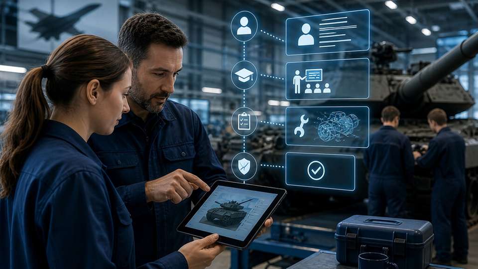 Digitale Assistenzsysteme führen Schritt für Schritt durch Arbeitsabläufe, erfassen Arbeitsschritte nachvollziehbar und unterstützen so die Standardisierung, Dokumentation und Auditierbarkeit in der Rüstungsindustrie.