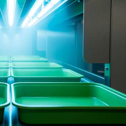 Die Behälter werden im Inneren der Schleuse durch energiesparende UV-C-LEDs bestrahlt, die 99,9 Prozent aller Keime abtöten.