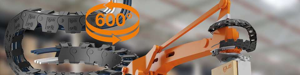 Ein Produkt, zwei Lösungen: Die freitragende twisterchain bietet Energieführung mit über 600-Grad-Rotation, schneller Montage, maximale Flexibilität und hoher Lebensdauer für Robotikanwendungen.
