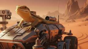 Vorbild und Umsetzung in einem Bild: Der Sandfisch (Scincus scincus) thront auf dem nach ihm benannten Marsrover – dessen wellenförmige Räder den Schwimmmechanismus der Wüsteneidechse imitieren und so für bessere Mobilität auf losem Marssand sorgen.