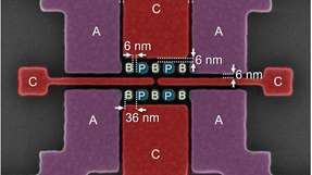 Funktionierendes Qubit-Array mit Abständen zwischen den Plunger- (P) und Barriere- (B) Gates von knapp 6 nm, ermöglicht durch High-NA-EUV-Lithografie. Das Bild zeigt außerdem die Akkumulations- (A) und Einschluss- (C) Gates.