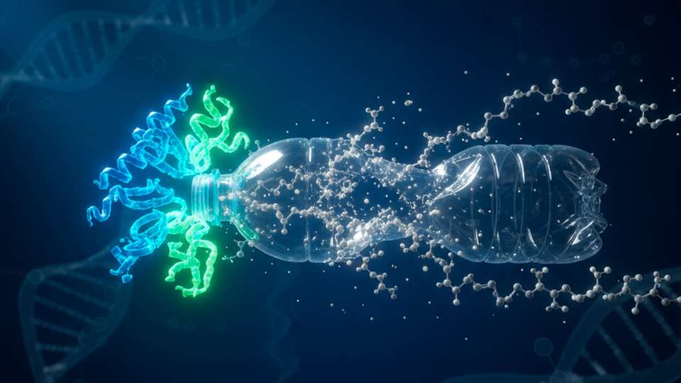 Auf molekularer Ebene gegen den Plastikmüll: Die  Enzymvariante PHL7 der Universität Leipzig zerlegt PET-Kunststoff effizient in seine Grundbausteine.