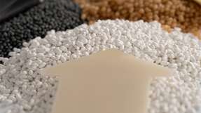 Verschiedene biobasierte Kunststoffgranulate in Schwarz, Weiß und Braun sowie eine helle Compoundplatte – Materialvielfalt für nachhaltige Verpackungsanwendungen.