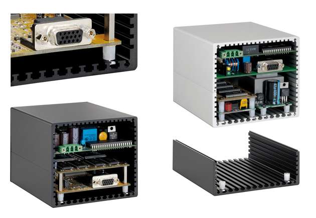 Führungsschienen und T-Nuten ermöglichen die Aufnahme von Elektronikkomponenten.