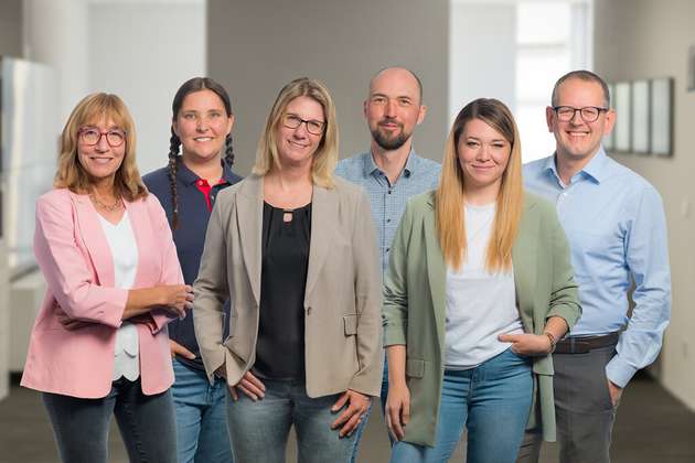 Das Führungsteam von Wolftechnik steht für transparente Arbeitsprozesse, kurze Wege und einen offenen Austausch (von links nach rechts): Heidrun Schilbach (Buchhaltung), Lea Frey (Lager), Marita Flaiz (Verkauf), Dieter Meschik (Einkauf), Sophie Marolle (Marketing), Stefan Wagner (Vertrieb).