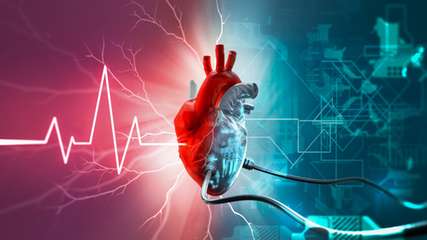 Mensch trifft Maschine: Das halb organische, halb digitale Herz symbolisiert die neue Generation drahtloser Bioelektronik – Nanostrukturen sollen künftig Herzrhythmus und Nerven per Licht steuern, ganz ohne Kabel.