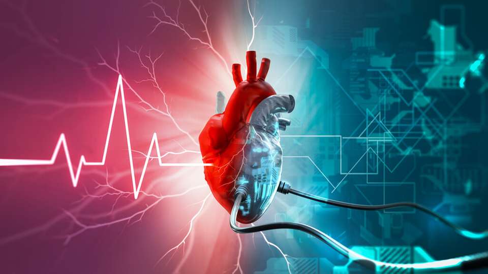 Mensch trifft Maschine: Das halb organische, halb digitale Herz symbolisiert die neue Generation drahtloser Bioelektronik – Nanostrukturen sollen künftig Herzrhythmus und Nerven per Licht steuern, ganz ohne Kabel.