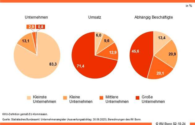 Verteilung von Unternehmen, Umsatz und Beschäftigten nach Unternehmensgrößenklassen.