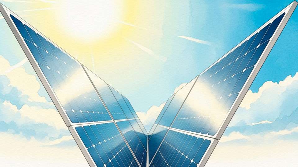 DAs PV-System steigert durch zweiachsiges Tracking des Sonnenstands die Energieausbeute und faltet sich bei Sturm, Hagel oder Schnee zusammen.